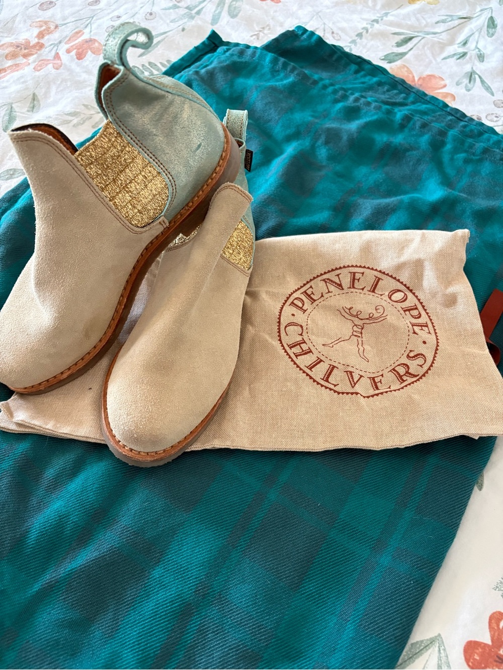 Penelope Chilvers Womens Suede Boots in Light Beige, Aqua with Gold Elastic
